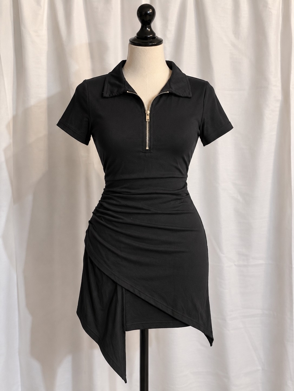 Black Half Zip Ruched Asymmetrical Mini Dress Size Small